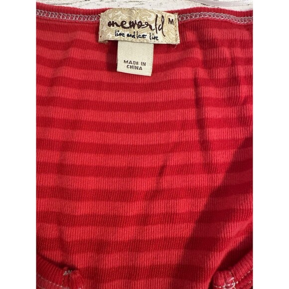 One World Womens Top Size Med Rhinestones Star Vneck Holiday Red Striped Shirt - Picture 4 of 7